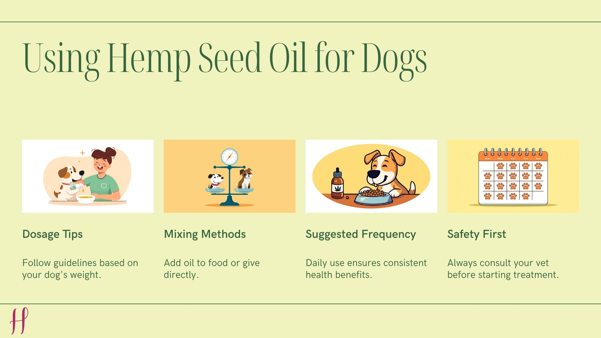 Guide to using hemp seed oil for dogs, covering dosage, mixing methods, frequency, and safety.